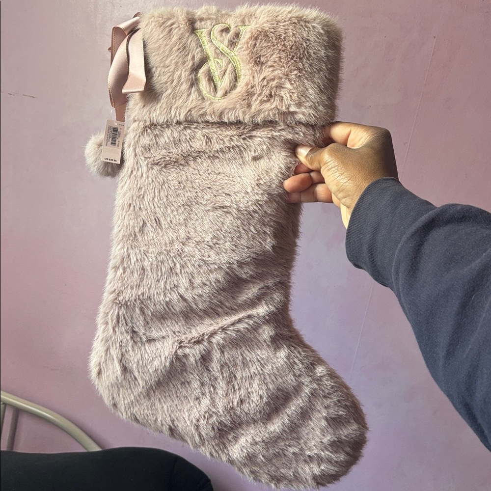 Victoria's Secret Plush Faux Fur Stocking with Pink Ribbon Christmas Holiday